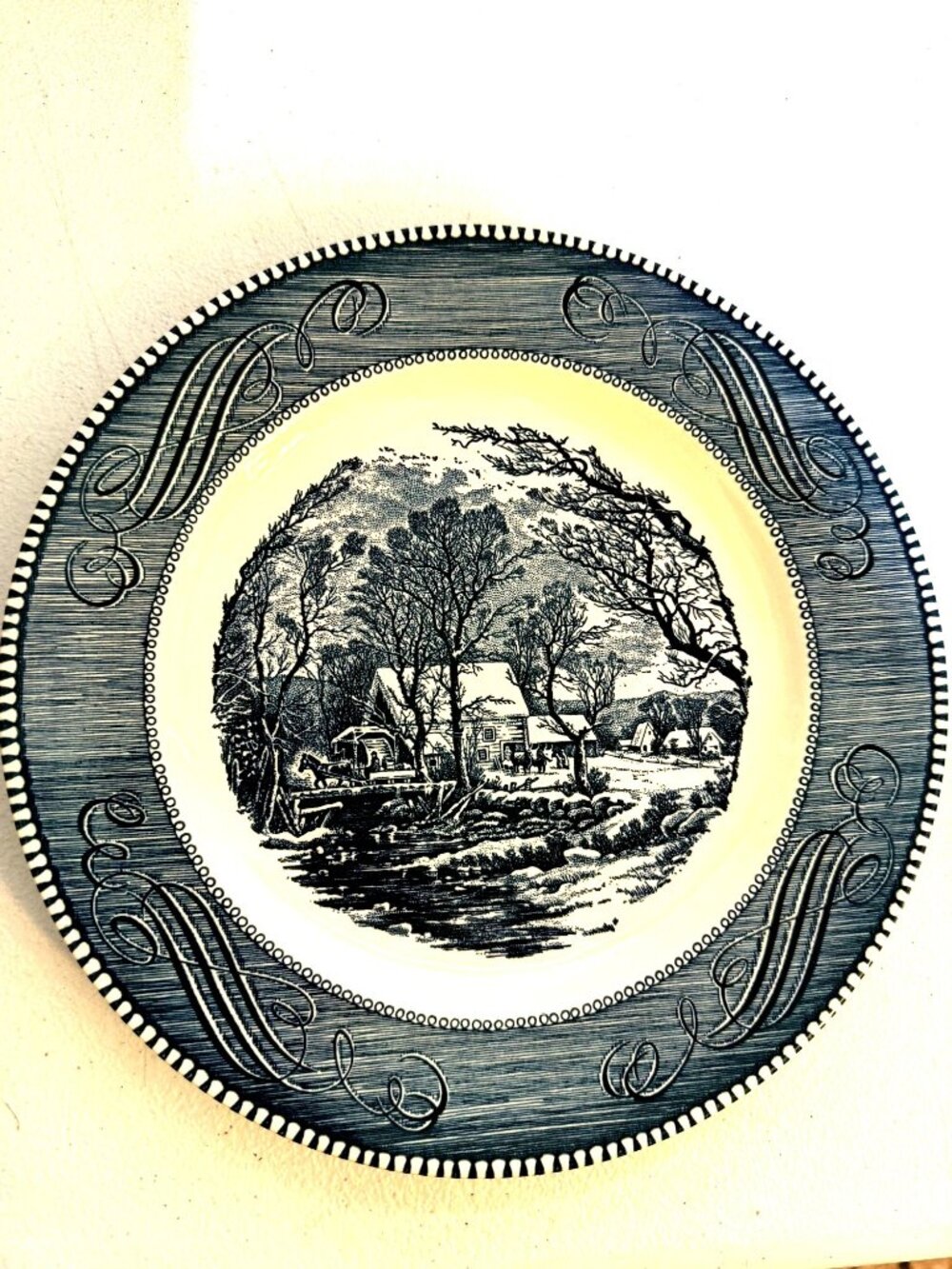 Currier & Ives The Old Grist Mill Blue White Vintage Dinner Plate 10 Inch Made I